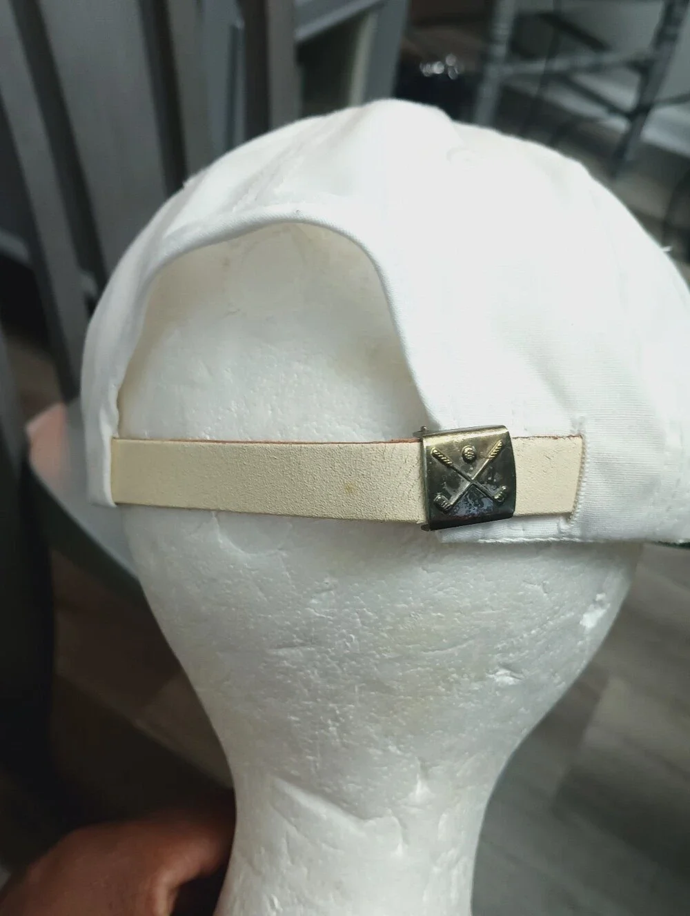 Men's Vintage Bayer Made In USA White Logo Cap - White with Blue & Green Stripe